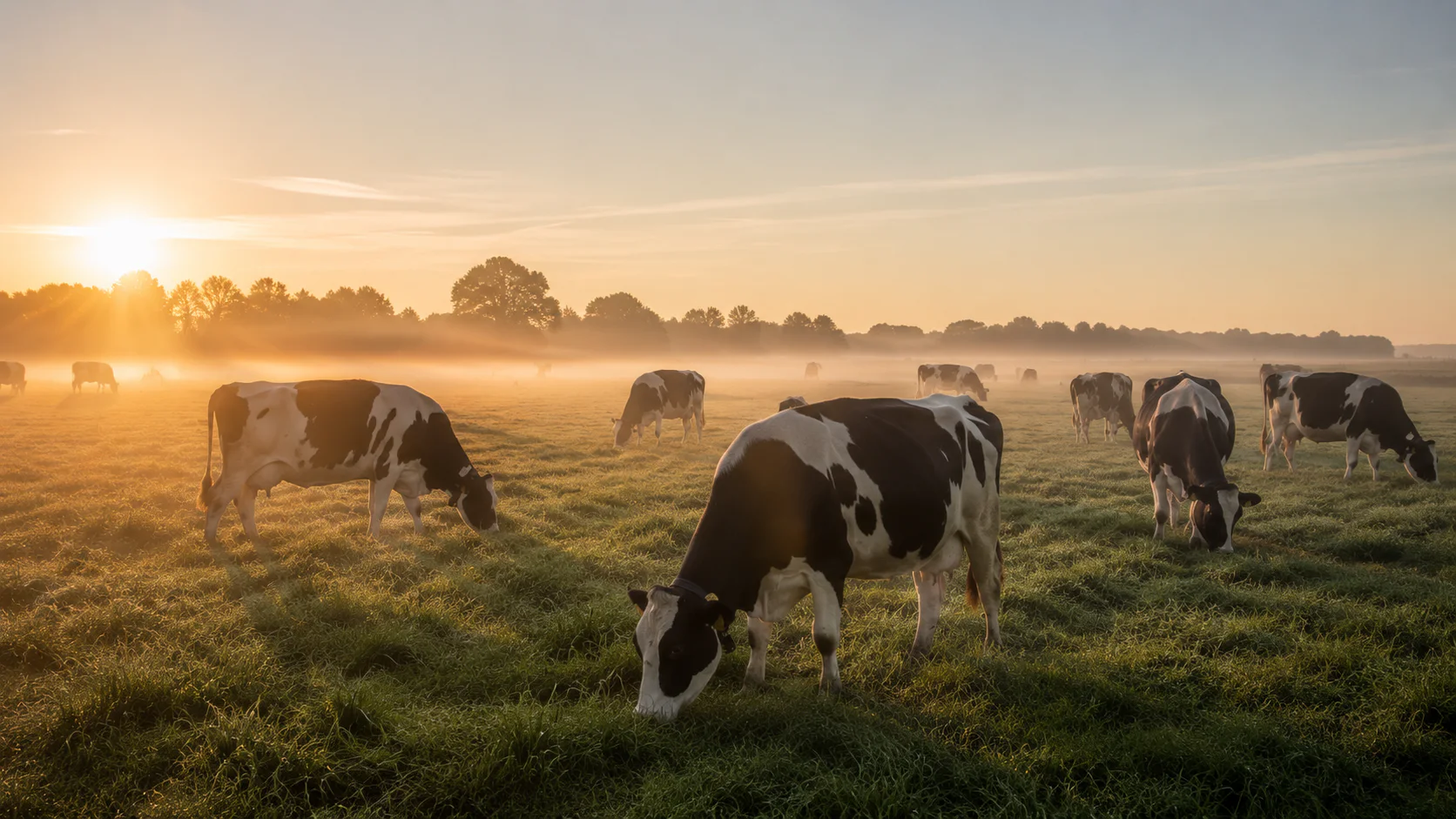 Grasgevoerde Nederlandse runderen in de wei bij zonsopkomst